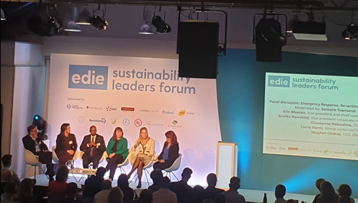 Pictured L-R: ClimateCare CEO Vaughan Lindsay; IFC director Ousseynou Nakoulima; Interface's Erin Meezan; Vattenfall's Annika Ramskold and Futerra's Solitaire Townsend discussing how businesses can respond to the climate emergency. 